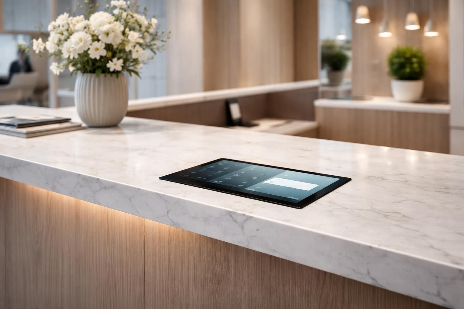 découvrez comment aménager votre espace en intégrant une tablette tactile discrètement dans un comptoir avec un système de câbles invisibles pour une installation propre et moderne.