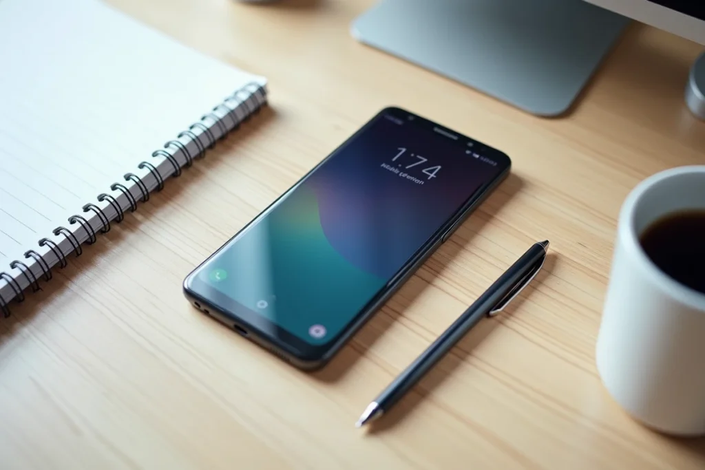 Vue de dessus d'un smartphone Samsung affichant un aperçu de capture d'écran sur un bureau en bois clair avec accessoires