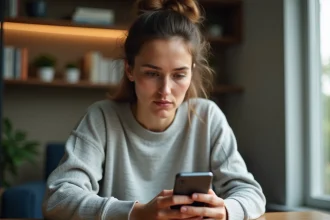 Jeune femme tenant un smartphone Samsung et appuyant sur les boutons pour faire une capture d'écran sans application tierce