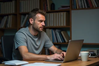 Homme dépannant sa Freebox face à une erreur de connexion sur son ordinateur portable à son bureau