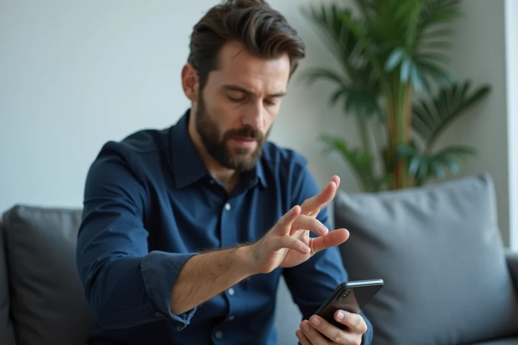 Homme utilisant le geste de balayage de la paume sur un Samsung Galaxy pour effectuer une capture d'écran intégrée