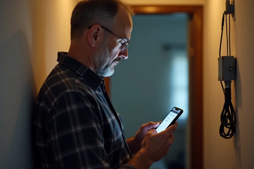 Homme consultant l'interface d'administration de sa Freebox sur smartphone dans un couloir avec boîtier fibre optique