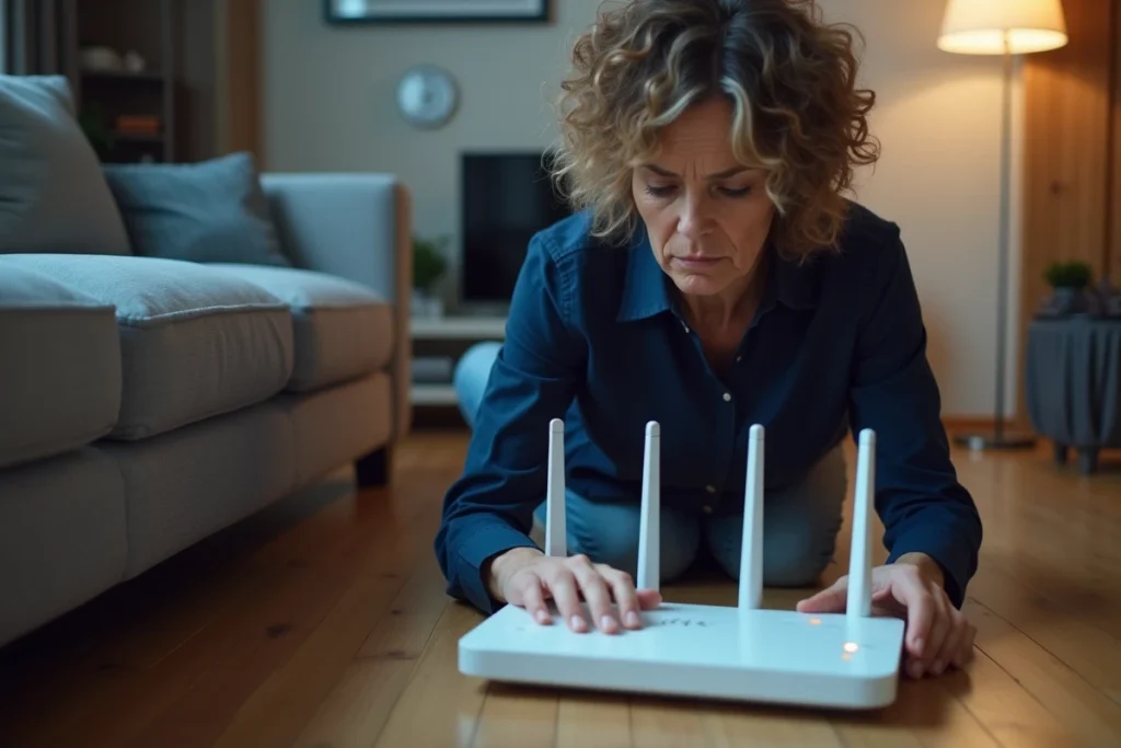 Femme vérifiant les voyants de sa Freebox posée sur le sol du salon lors d'une panne de connexion