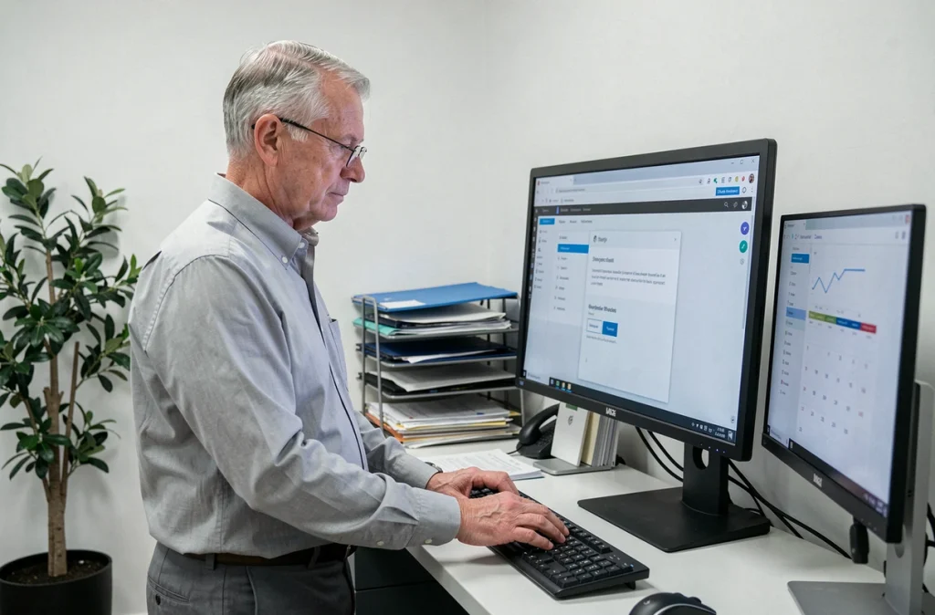 Administrateur scolaire utilisant le webmail ac-limoges sur un ordinateur de bureau dans un bureau administratif moderne
