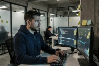 Analyste en cybersécurité étudiant des alertes de logiciels malveillants sur plusieurs écrans dans un centre opérationnel