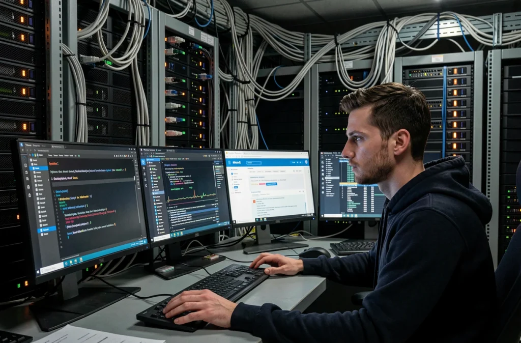 Un analyste en cybersécurité étudiant des tentatives de phishing avancées sur plusieurs écrans dans une salle de serveurs