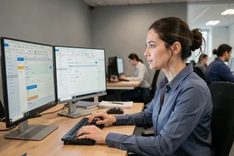 Femme professionnelle configurant l'automatisation d'envoi d'emails récurrents sur Microsoft Outlook dans un bureau moderne