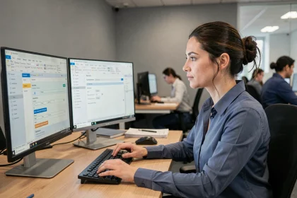 Femme professionnelle configurant l'automatisation d'envoi d'emails récurrents sur Microsoft Outlook dans un bureau moderne
