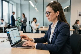 Professionnelle évaluant un service de transfert de fichiers en ligne sur son ordinateur portable dans un bureau moderne