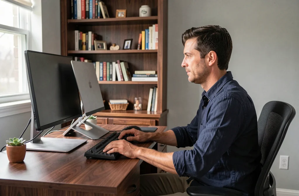 Homme utilisant un ordinateur portable sur un bureau en noyer avec double écran dans un coin bureau aménagé à domicile