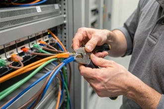 Technicien réseau câblant un connecteur RJ45 selon la norme T568B pour baie de brassage