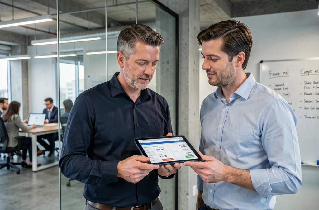 Deux collègues en entreprise comparant les offres tarifaires de ChatGPT 5 sur une tablette numérique