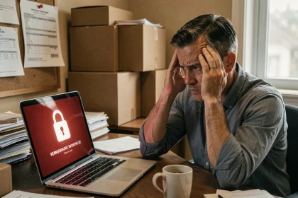 Chef d'une petite entreprise stressé face à un message de ransomware sur son ordinateur portable dans un bureau encombré