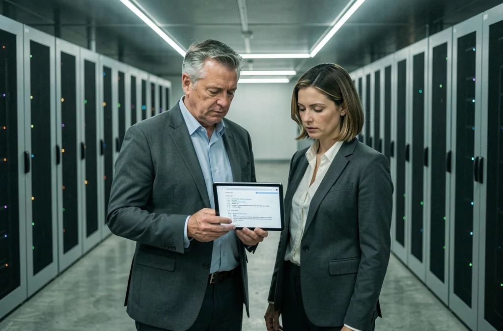 Deux professionnels de l'IT consultant un email chiffré sur tablette dans une salle de serveurs d'entreprise