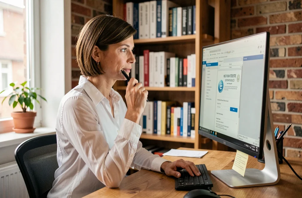 Femme professionnelle analysant des certificats de chiffrement d'email sur un grand écran dans un bureau à domicile