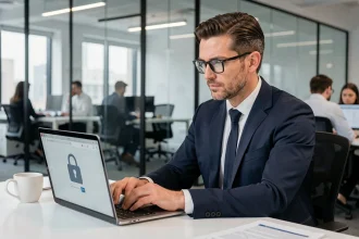 Professionnel en costume tapant sur un ordinateur portable affichant une interface d'email sécurisé avec icône cadenas dans un bureau moderne