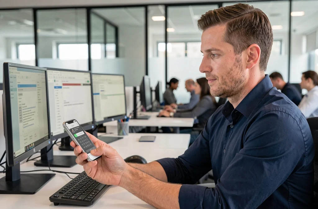 Professionnel accédant à un coffre-fort numérique de mots de passe sur smartphone en open space