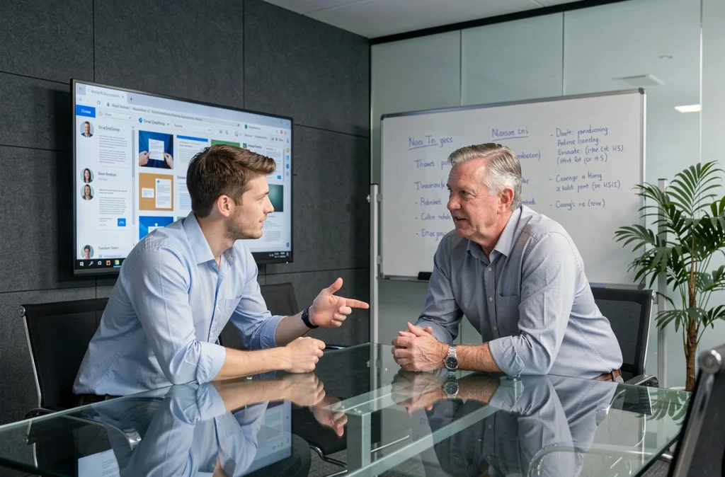 Deux collègues en salle de réunion consultant des documents partagés sur OneDrive via un écran mural