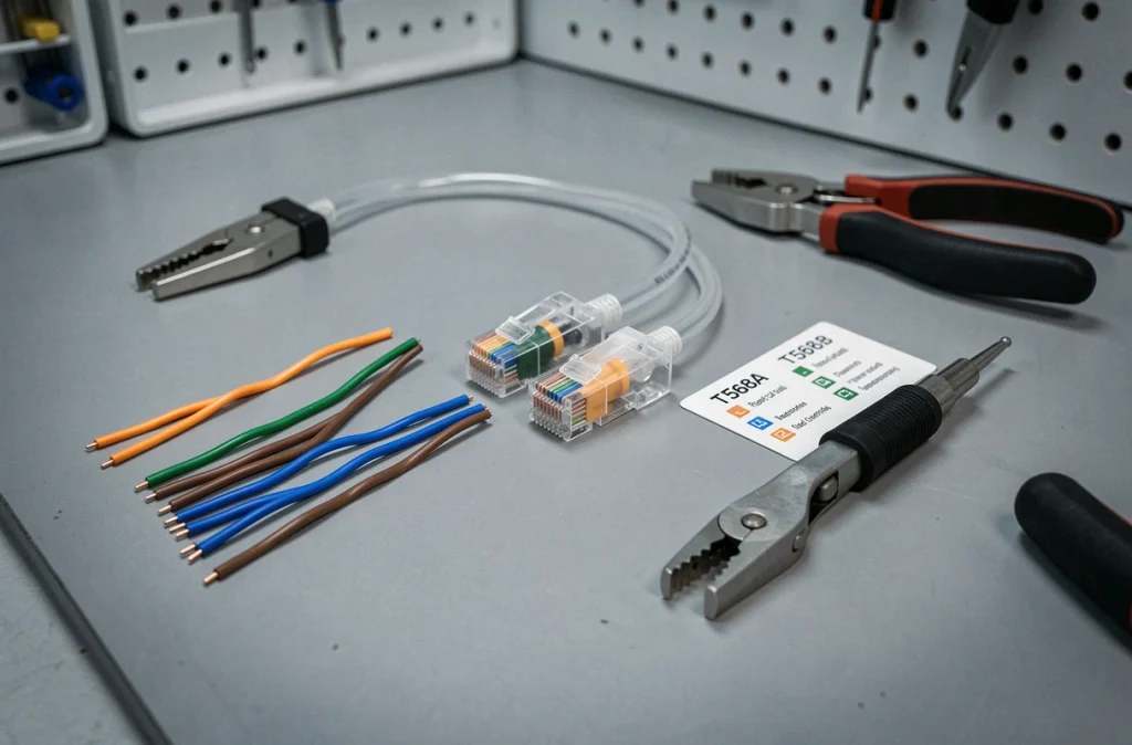 Comparaison des schémas de câblage RJ45 T568A et T568B posés côte à côte sur un établi d'atelier réseau