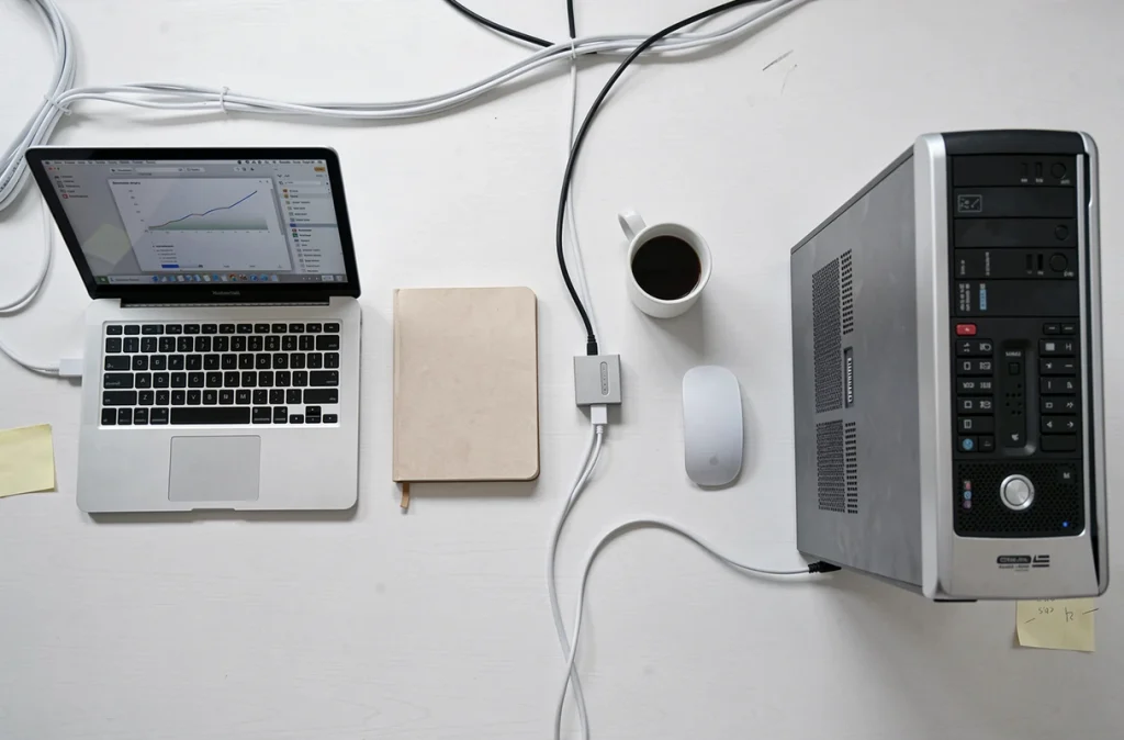 Vue de dessus d'un bureau à domicile comparant un ordinateur portable et un ordinateur fixe côte à côte sur une surface blanche organisée