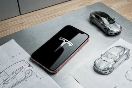 Concept de smartphone Tesla posé sur un bureau en aluminium brossé avec logo Tesla sur l'écran