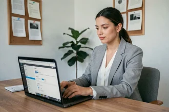 Femme configurant un client de messagerie IMAP sur un ordinateur portable dans un bureau à domicile pour l'académie de Bordeaux
