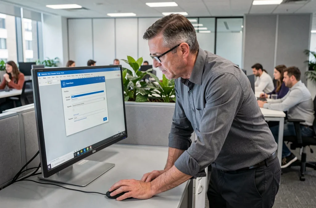 Homme configurant la protection par mot de passe d'un fichier Word dans un bureau en open space