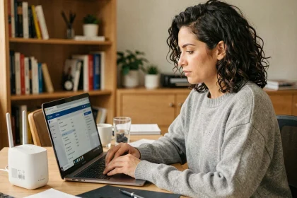 Femme configurant un réseau WiFi sécurisé sur son ordinateur portable dans un bureau à domicile moderne