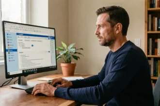 Homme configurant un compte Webmail 92 sur Thunderbird dans un bureau à domicile