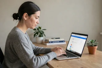 Femme configurant SafeSearch sur Google depuis un ordinateur portable dans un bureau à domicile