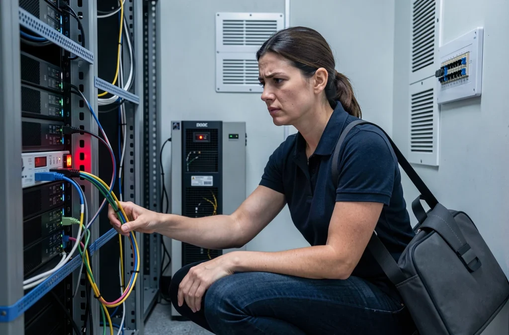 Consultante informatique inquiète inspectant un rack serveur dans la salle informatique exiguë d'une petite entreprise victime de ransomware