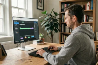 Homme convertissant une vidéo en MP4 sur son ordinateur de bureau à domicile