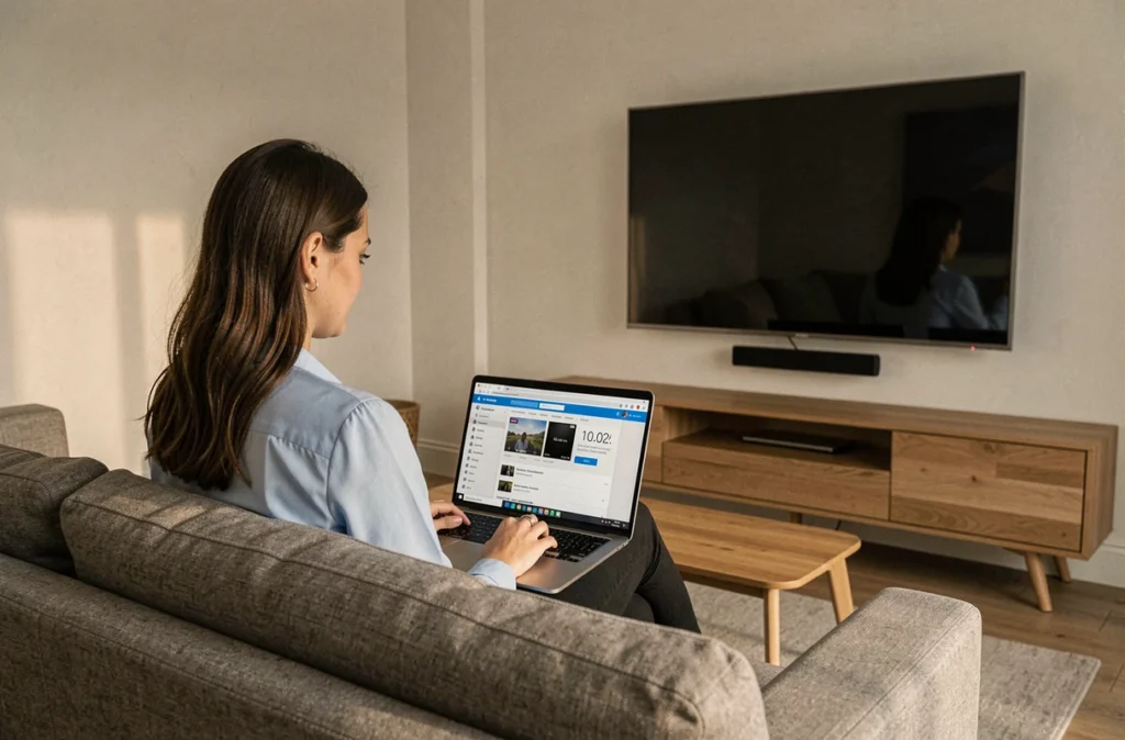 Femme utilisant un convertisseur vidéo en ligne sur laptop dans un salon avec télévision