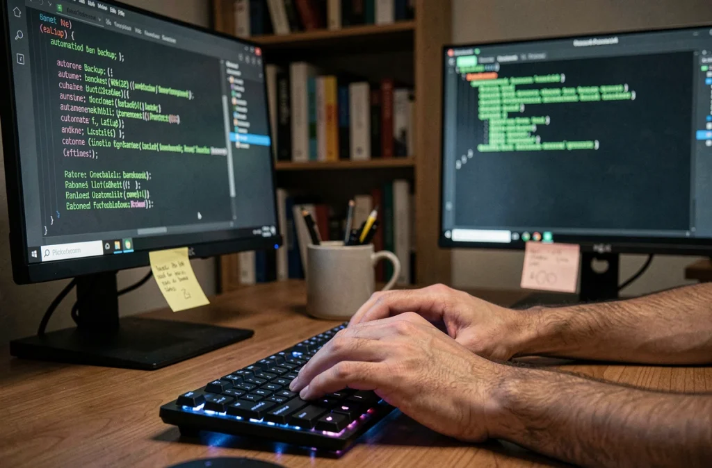 Développeur exécutant un script de sauvegarde automatique sur un terminal dans un bureau à domicile