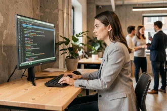 Développeuse utilisant un logiciel libre sous Linux dans un open-space moderne d'entreprise