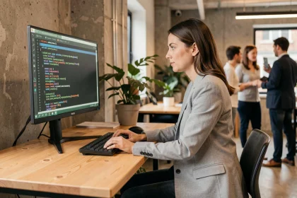 Développeuse utilisant un logiciel libre sous Linux dans un open-space moderne d'entreprise