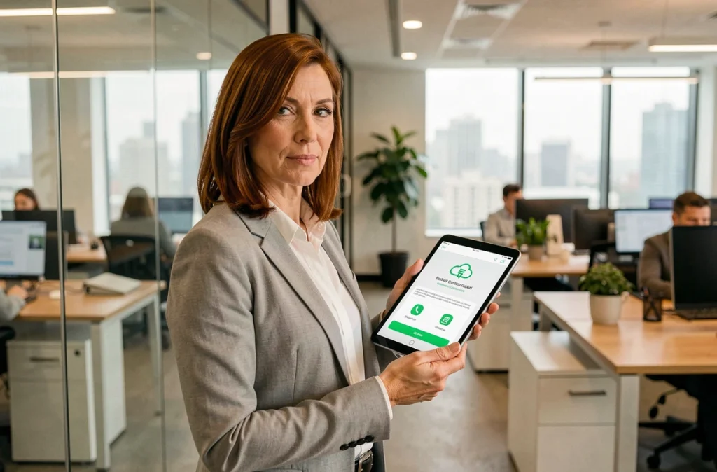Directrice informatique consultant une interface de sauvegarde cloud sur tablette dans un bureau moderne