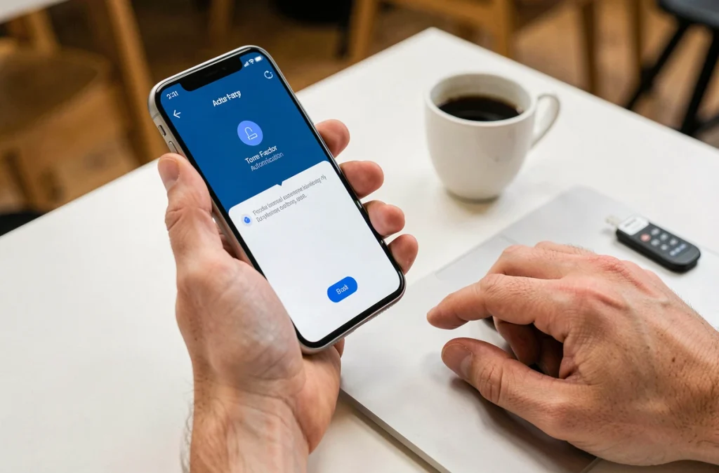 Gros plan sur un smartphone affichant une notification de double authentification et une clé de sécurité physique sur un bureau minimaliste