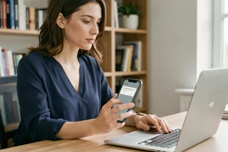 Femme utilisant la double authentification sur smartphone et ordinateur portable dans un bureau à domicile