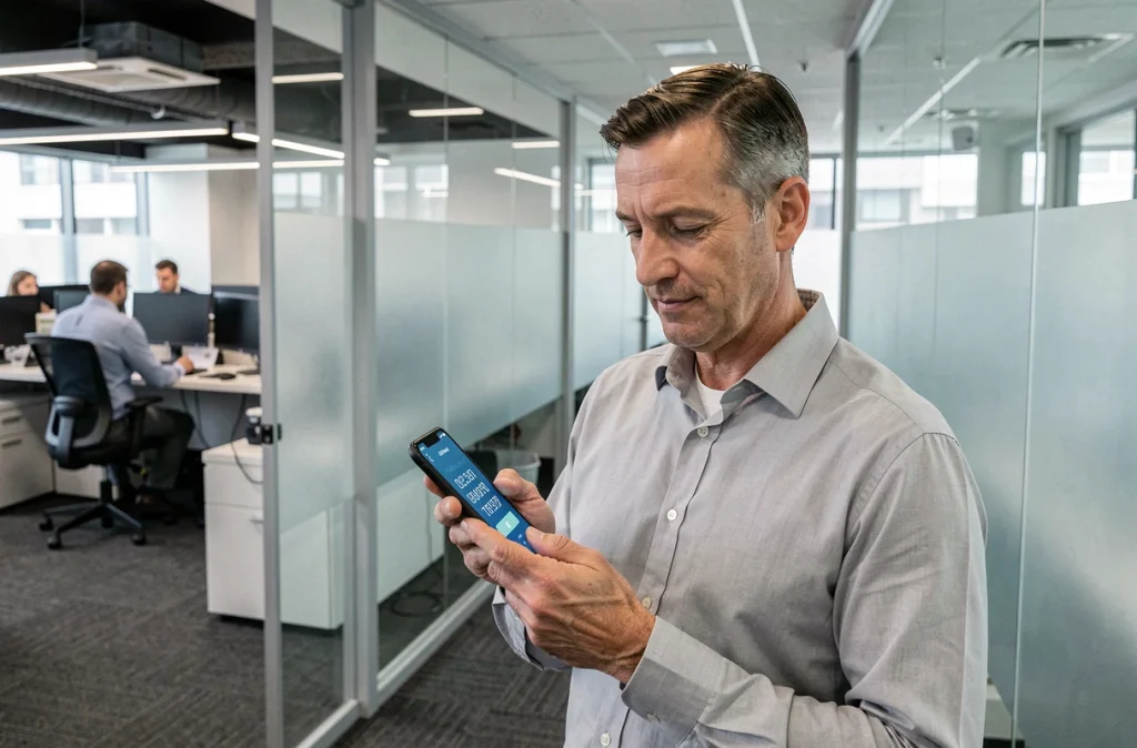 Homme d'affaires vérifiant un code de double authentification sur son téléphone dans un bureau en open space