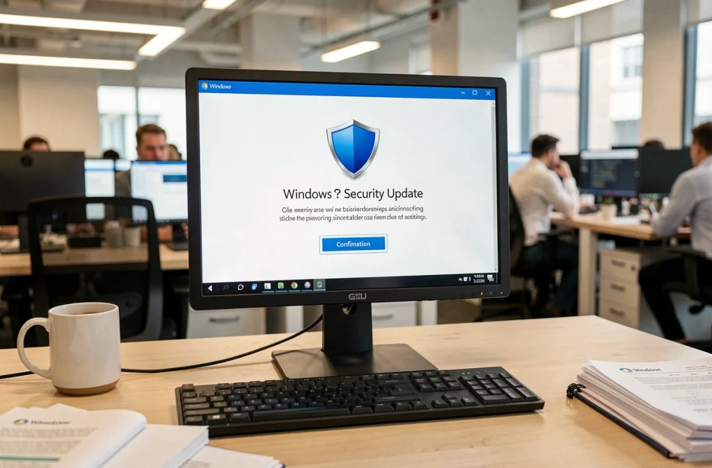 Écran d'ordinateur affichant une notification de mise à jour de sécurité Windows dans un environnement de bureau professionnel