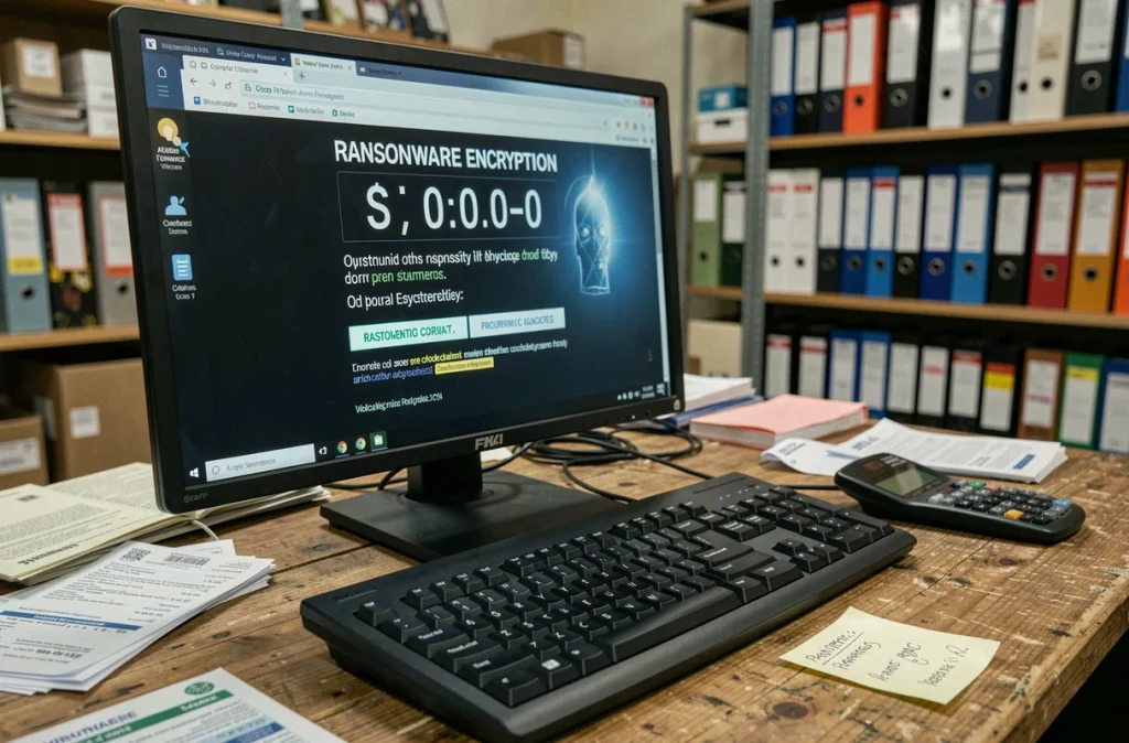 Écran d'ordinateur affichant une demande de rançon avec minuteur dans le bureau d'arrière-boutique d'un petit commerce