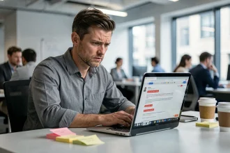 Un employé de bureau analysant un e-mail de phishing suspect sur son ordinateur portable dans un open space moderne