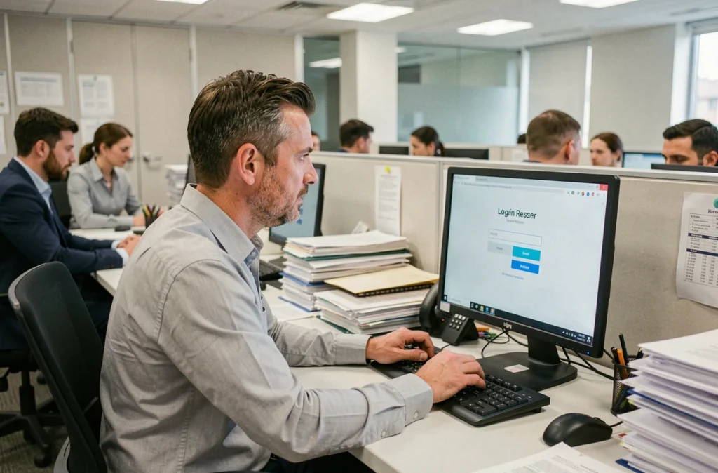Employé réinitialisant son mot de passe de messagerie académique sur un ordinateur de bureau en open space