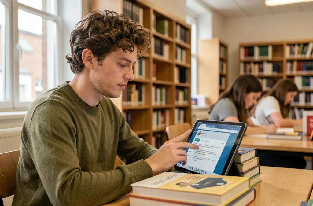 Jeune enseignant accédant à la messagerie ia87 ac-limoges sur une tablette dans une bibliothèque scolaire