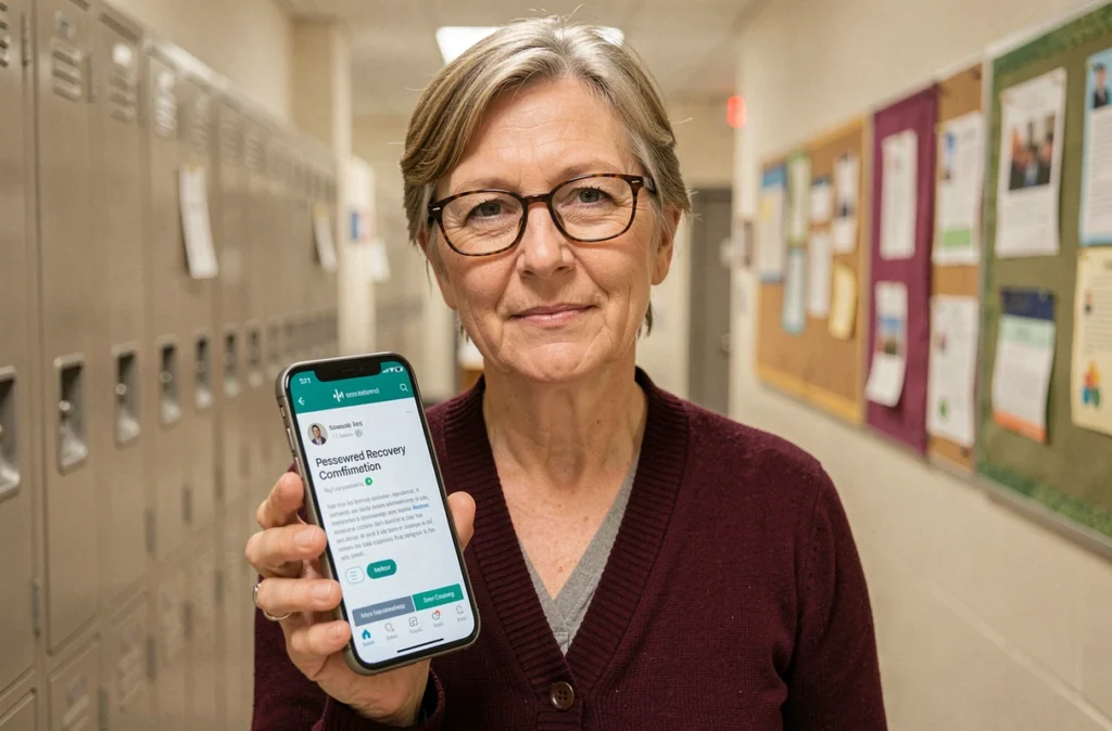 Enseignante consultant la récupération de son mot de passe DSDEN 64 sur smartphone dans un couloir scolaire