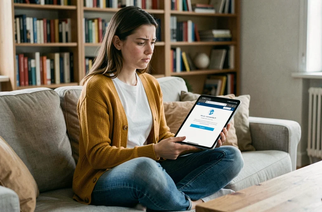 Enseignante consultant la page de connexion mel AC Normandie sur une tablette avec un message d'erreur visible