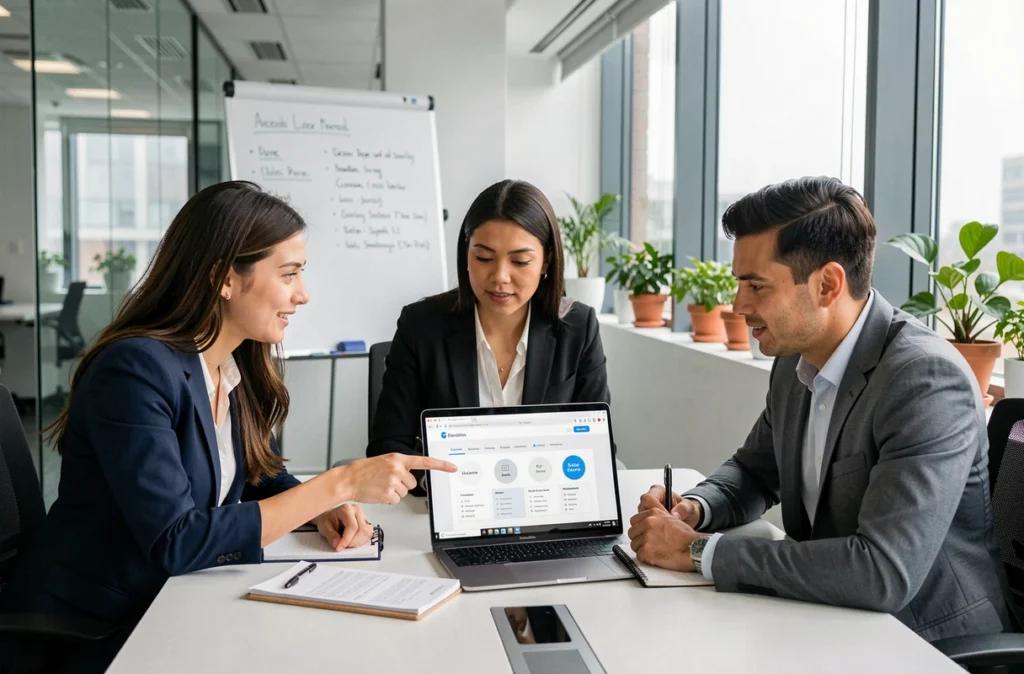 Équipe professionnelle en réunion comparant les avis et fonctionnalités de SwissTransfer pour un usage en entreprise