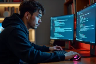 Jeune homme frustré face à un message d'erreur Windows sur un PC de bureau lors de l'installation d'un composant RIOT