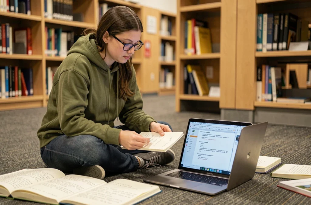 Étudiante en bibliothèque convertissant ses notes manuscrites en texte numérique avec Microsoft OneNote sur son ordinateur portable